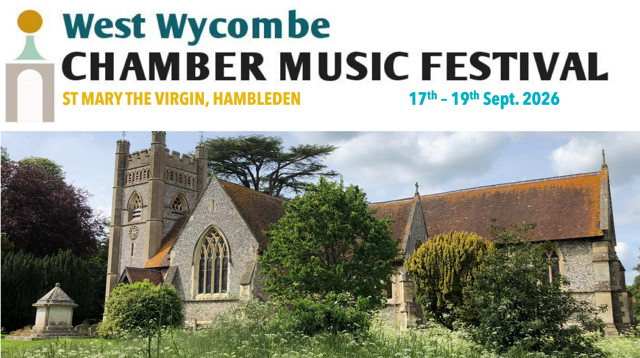 Photo of St Marys Church Hambleden and West Wycombe Chamber Music Festival banner and dates